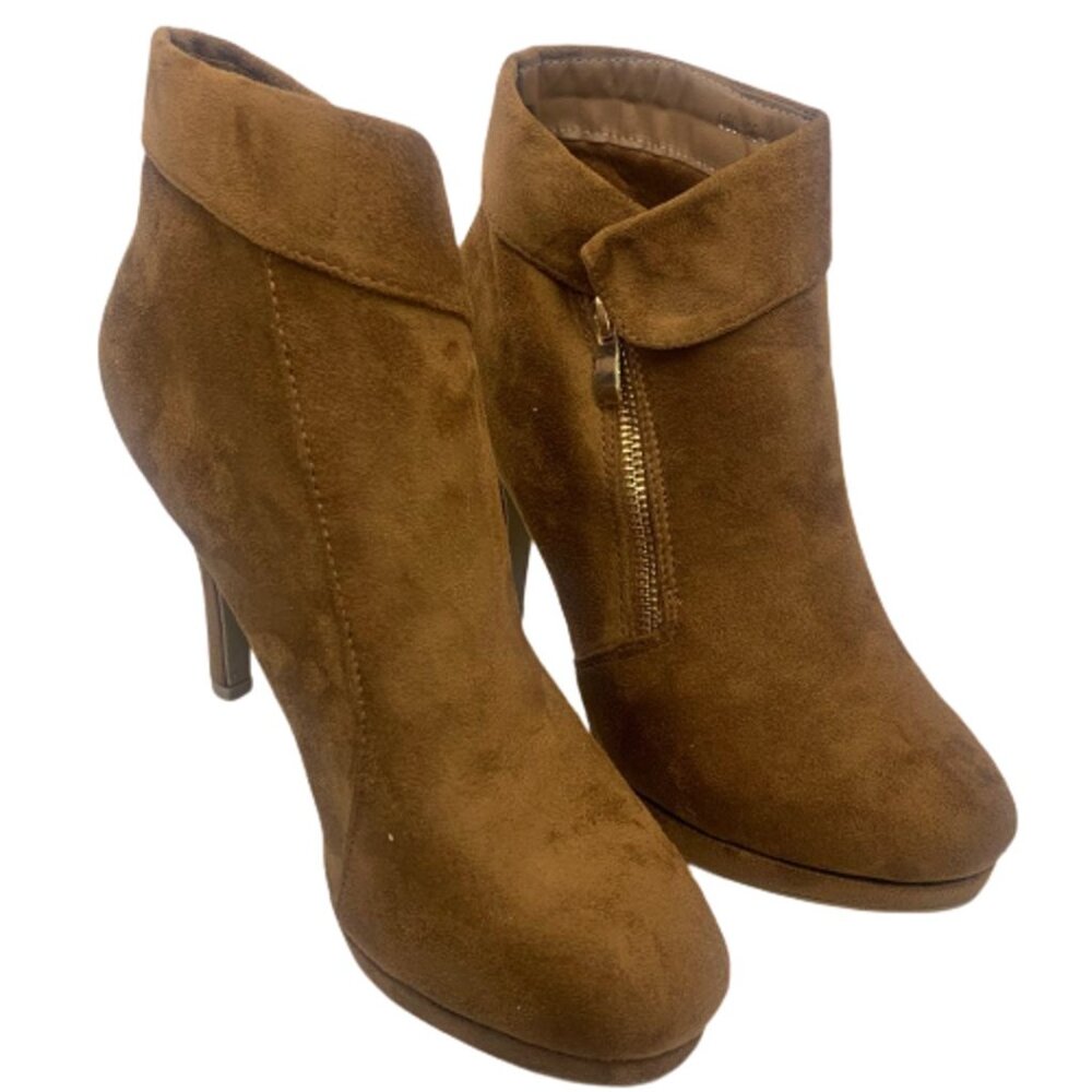 Women’s Tan Suede High Heel Ankle Booties – Zip Closure Classic Fashion Boots